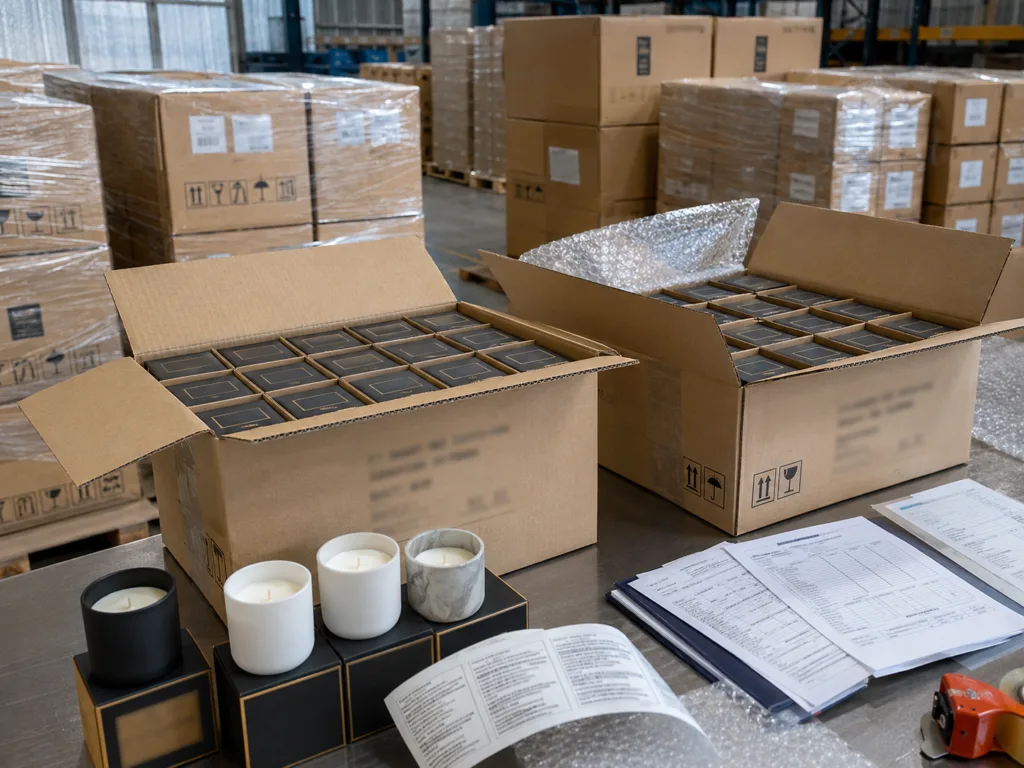 Stress Relief Candles: A Wholesale Guide for Wellness and Lifestyle Brands 6 Wholesale stress relief candles packed in export cartons with protective dividers, documents and shipping preparation