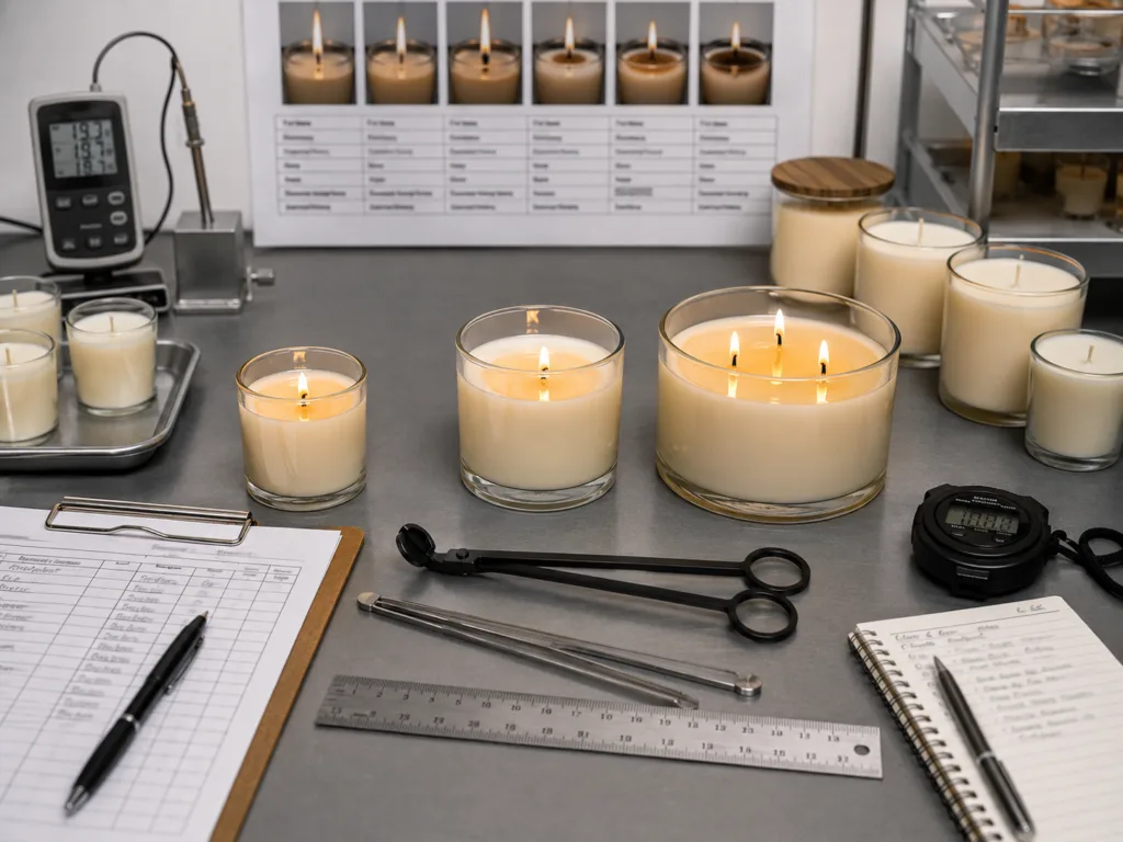 Wholesale Scented Candles: What B2B Buyers Should Know Before Ordering 3 Wick burn testing setup with scented candles, wax pools, stopwatch, ruler, and testing notes for wholesale candle quality control.