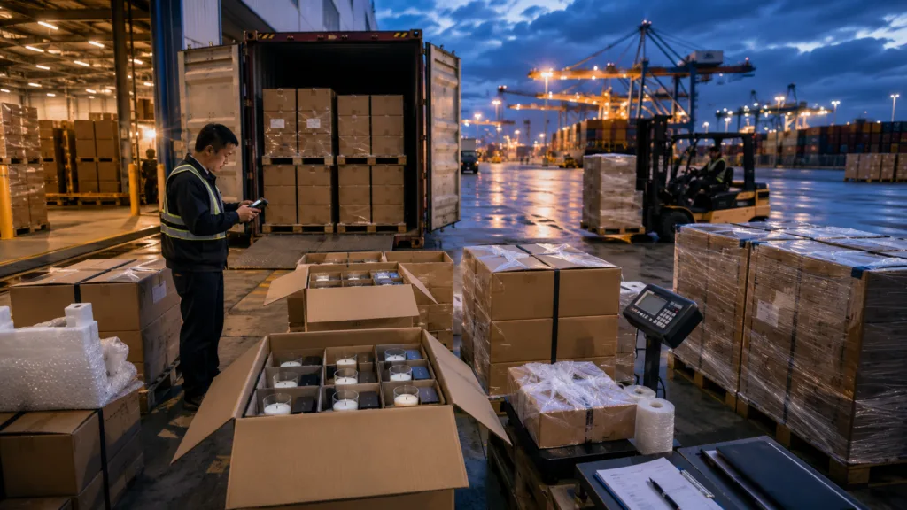 How Much Does It Cost to Start a Private Label Candle Brand? 6 Private label candles prepared for export with pallets, protective packaging, inspection and container loading.
