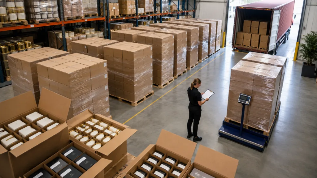 How to Choose a Candle Manufacturer: The Complete Buyer’s Checklist 6 Bulk candle order packed for export with inspected cartons, pallets and warehouse logistics support