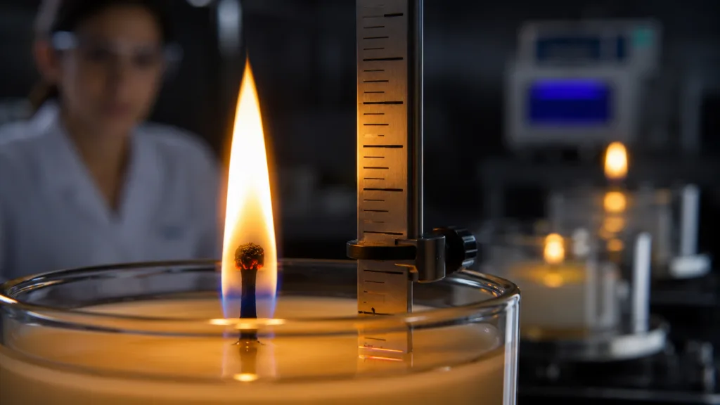 Candle Safety Testing: What Brands and Importers Need to Know 2 Macro candle burn test showing flame height, wick condition, melt pool and carbon buildup during safety evaluation.