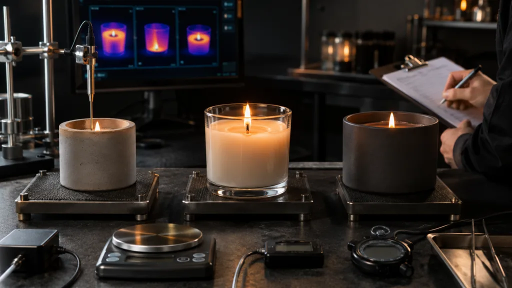 Candle Manufacturing Process: From Brief to Mass Production 4 Candle burn testing laboratory evaluating flame height, melt pool, wick performance and container temperature