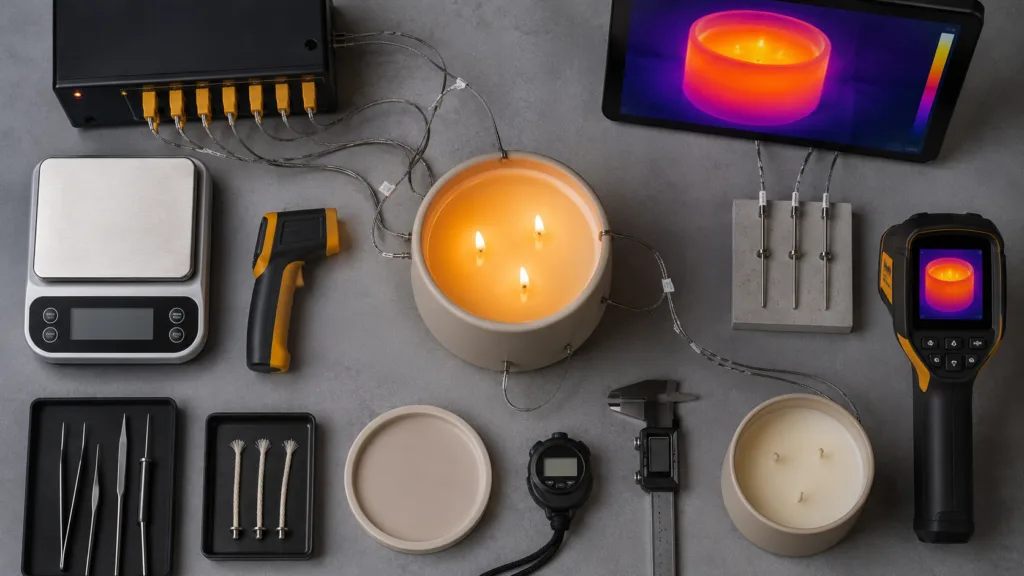 Candle Safety Testing: What Brands and Importers Need to Know 3 Top-down candle container temperature test using thermocouples and thermal imaging on a multi-wick ceramic candle.