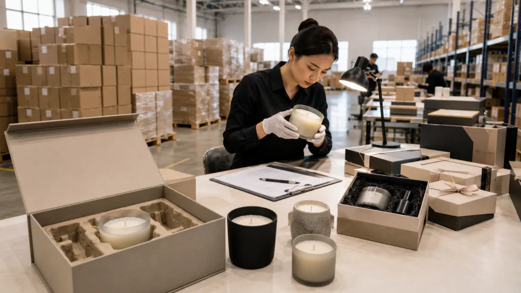 Candle Manufacturing Process: From Brief to Mass Production 6 Final candle quality inspection with luxury gift packaging and export-ready cartons for international shipping