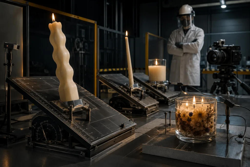 Candle Safety Testing: What Brands and Importers Need to Know 4 Controlled candle stability test evaluating tip-over resistance and decorative material safety on inclined laboratory platforms.