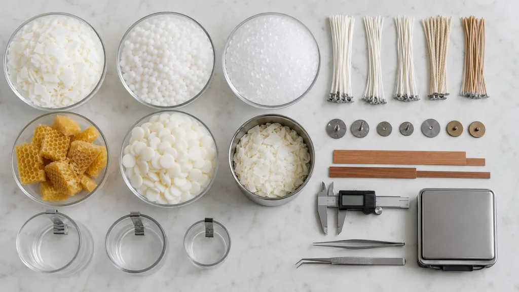 Candle Manufacturing Process: From Brief to Mass Production 3 Professional candle wax and wick selection comparing soy, coconut, paraffin, beeswax and multiple wick types