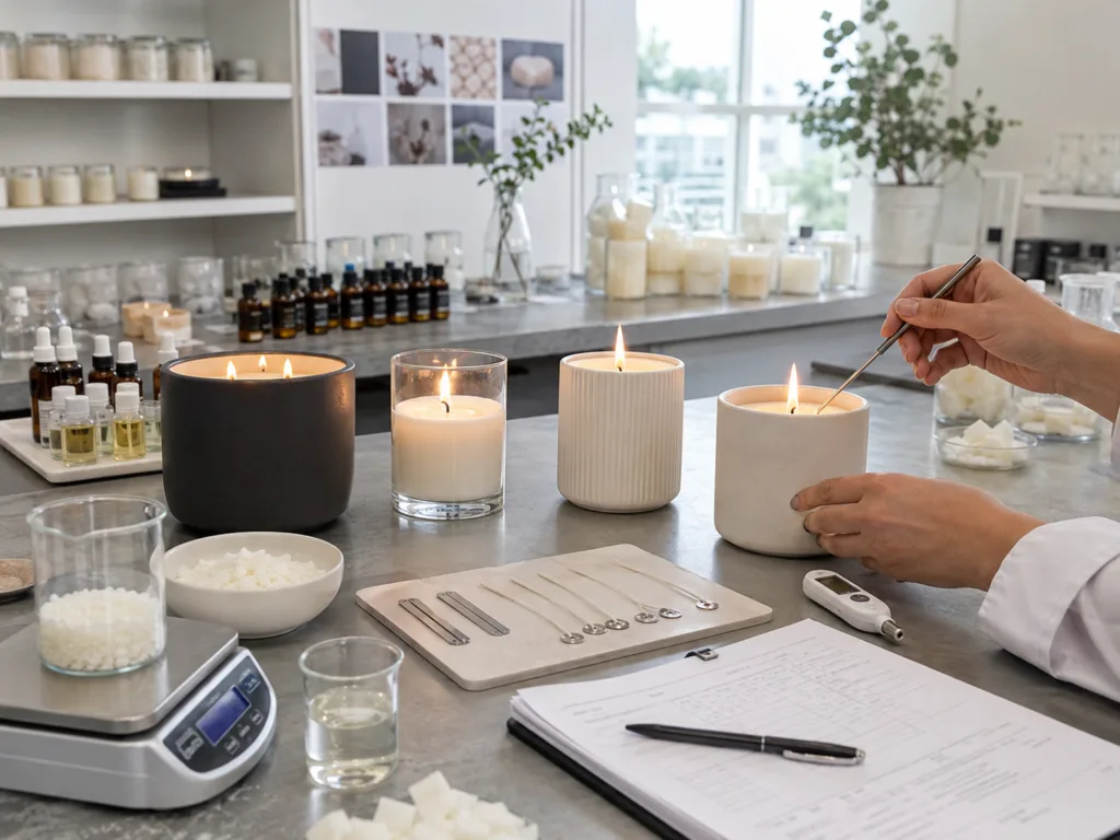 B2B Hospitality Procurement: Sourcing Bespoke Amenities and Signature Room Candles for Five-Star Hotel Chains 3 Candle R&D studio testing clean-burning wax, wick stability, and fragrance performance for hotel custom candles.