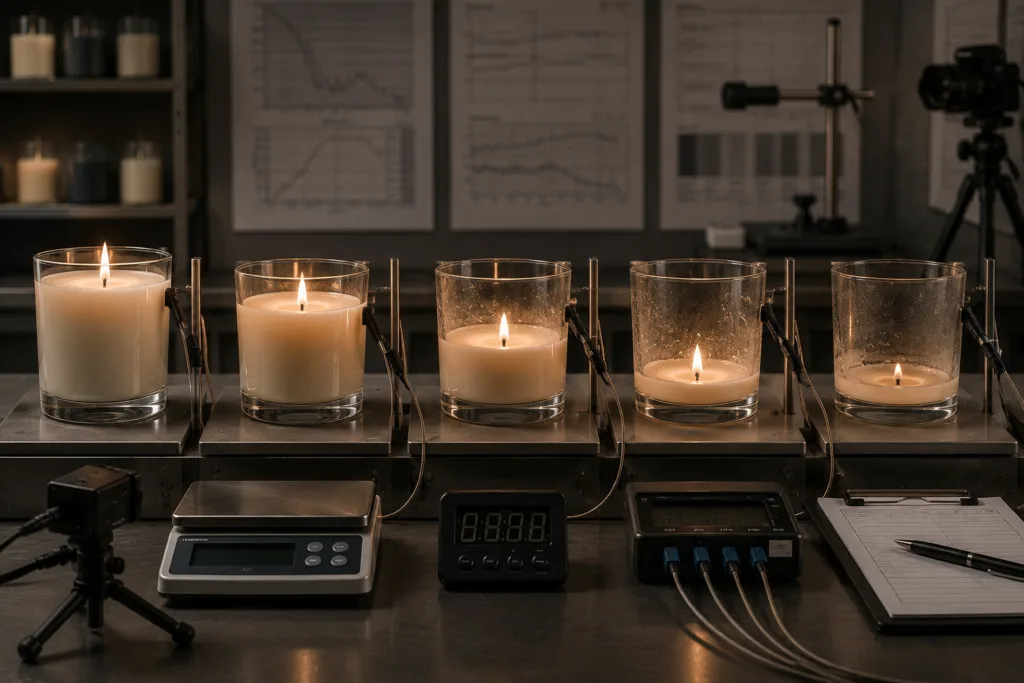 Candle Safety Testing: What Brands and Importers Need to Know 5 Complete candle burn-cycle test showing melt-pool development, wax consumption and end-of-life performance.