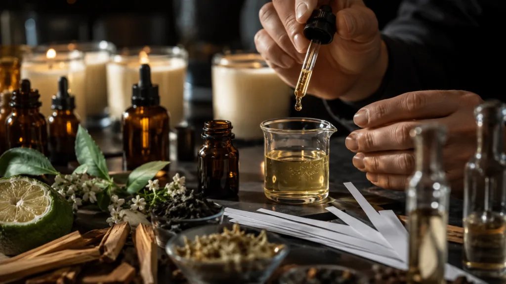 Candle Manufacturing Process: From Brief to Mass Production 2 Custom candle fragrance development with scent oils, botanical notes and fragrance samples blended into wax