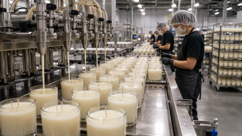 Candle Manufacturing Process: From Brief to Mass Production 5 Custom candle mass production line filling scented wax into glass vessels with wick and weight quality control
