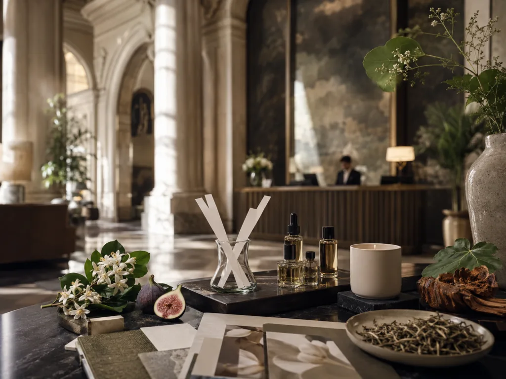 B2B Hospitality Procurement: Sourcing Bespoke Amenities and Signature Room Candles for Five-Star Hotel Chains 2 Luxury hotel lobby scent branding concept with fragrance blotters, botanicals, and a custom candle for signature scent development.