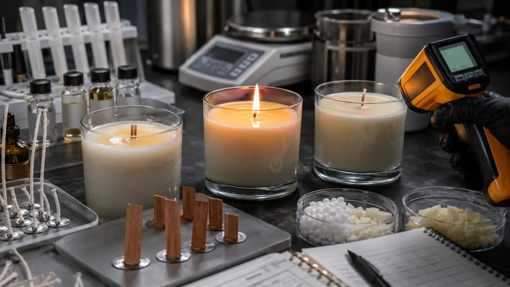 How Much Does It Cost to Start a Private Label Candle Brand? 2 Private label candle prototypes undergoing wick, melt pool and container temperature testing in a candle laboratory.
