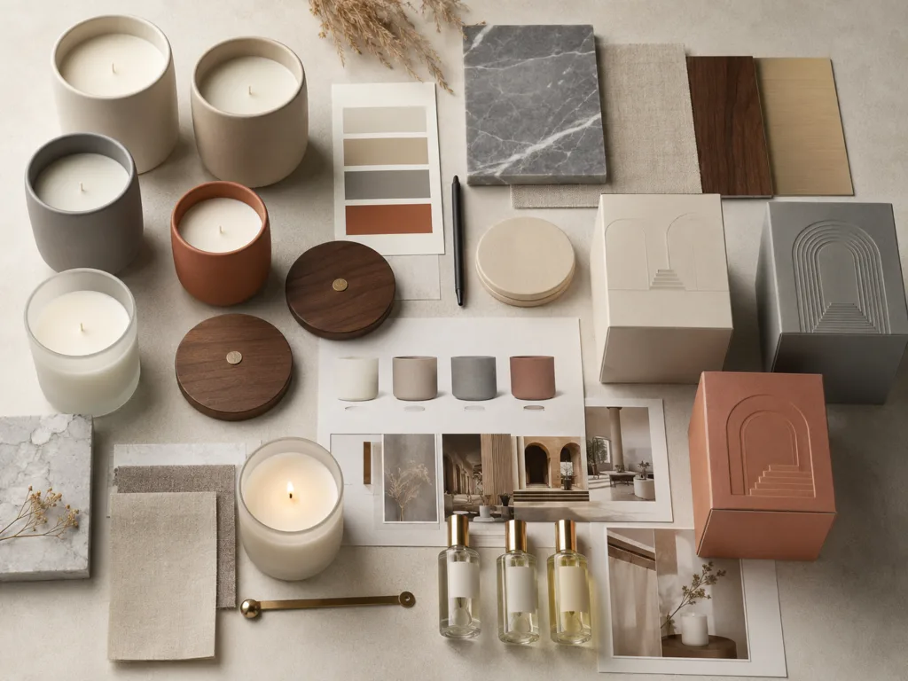 B2B Hospitality Procurement: Sourcing Bespoke Amenities and Signature Room Candles for Five-Star Hotel Chains 4 Private label hotel candle vessels, color swatches, packaging mockups, and interior materials for custom hospitality branding.