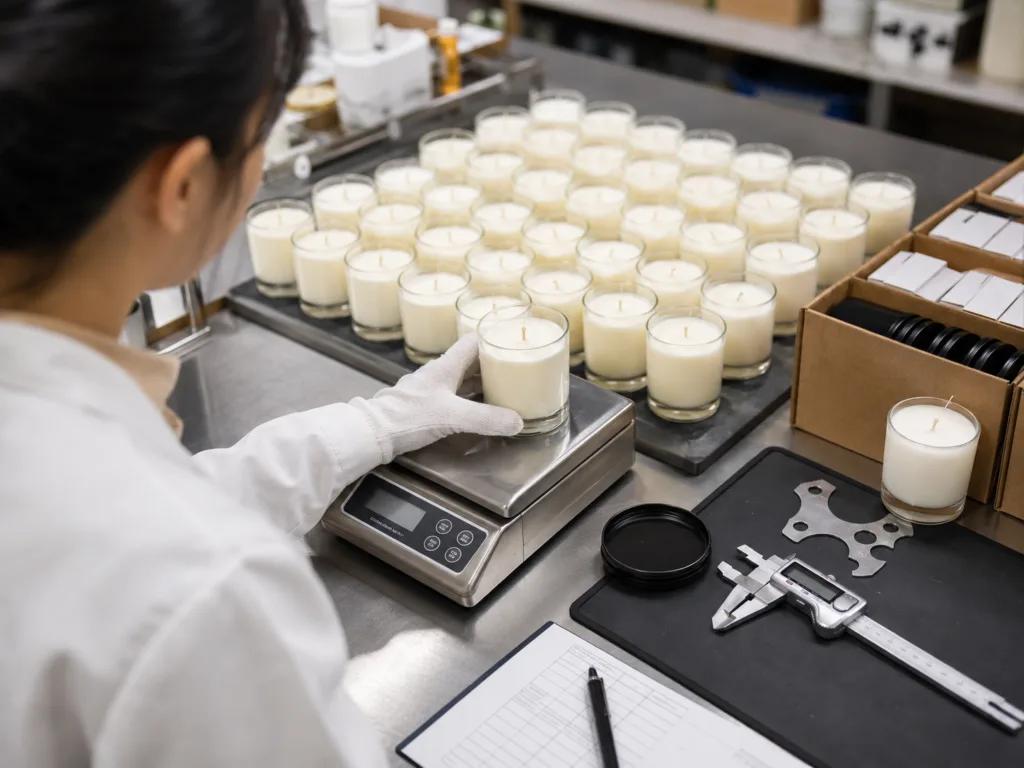 How to Choose a Candle Manufacturer: The Complete Buyer’s Checklist 4 Professional candle burn testing measuring flame height, melt pool and container temperature